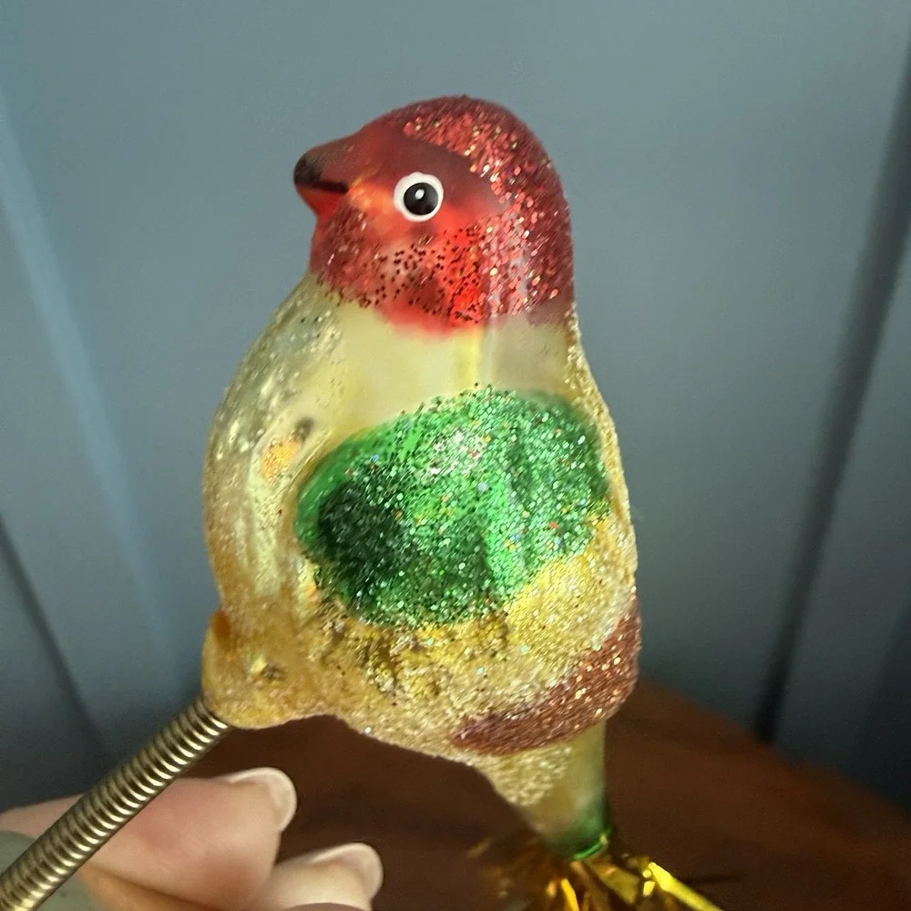 Vintage Glass Clip On Bird Ornaments 2 Cardinal Tinsel Tail Glitter German F/W
